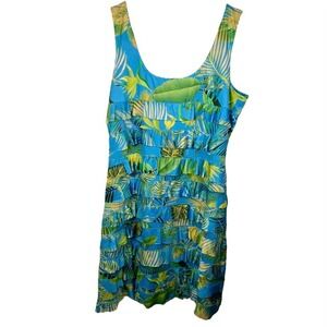 Tango Mango Tropical Leaf Ruffle Tank Dress XL Tiered Blue Green Vacation Resort